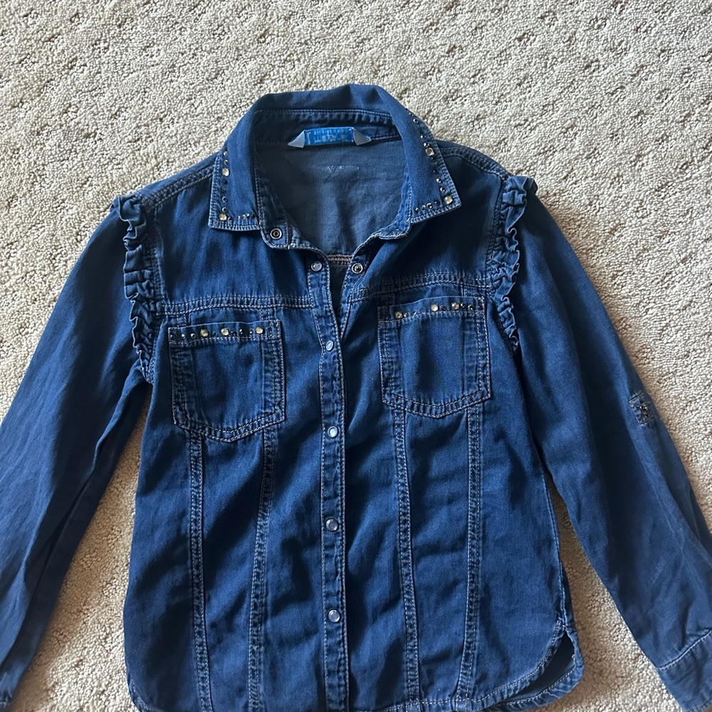 Mayoral size 5 Studded Ruffle Button-Up Denim Shirt - Blue